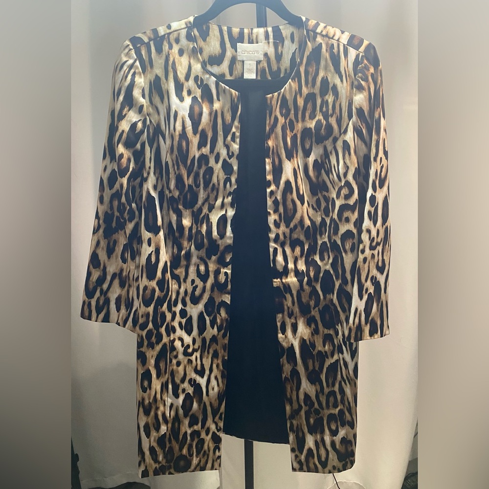 Chico's Brown Tan and Black Leopard-Print Open Front Jacket Size 1 - Picture 1 of 8